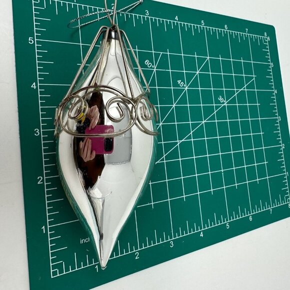 Vintage Silver Blown Glass Teardrop Christmas Ornament Wire Cage Mercury Finish - Picture 15 of 16